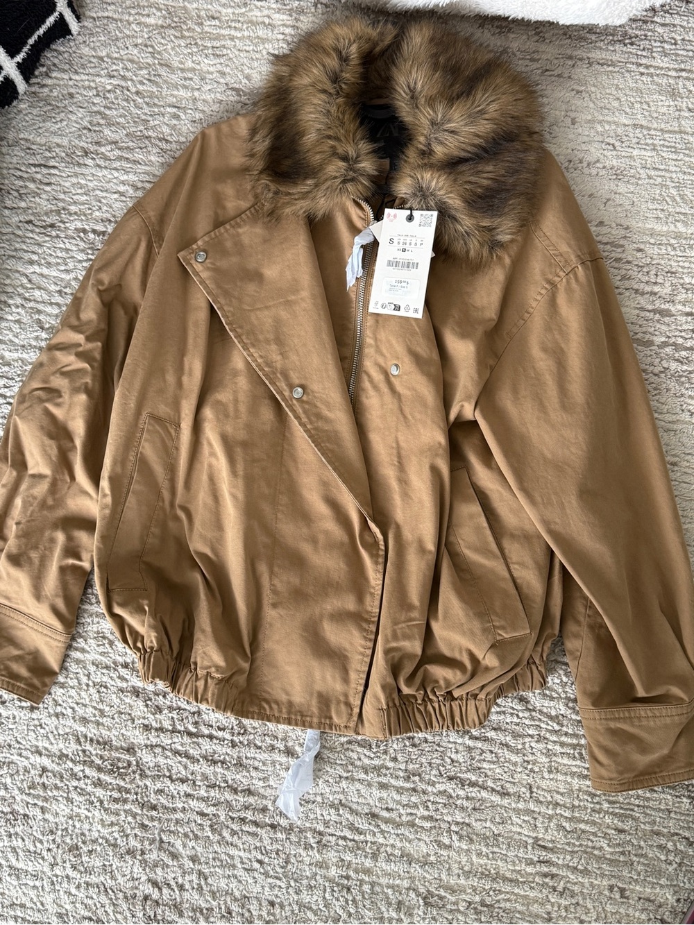 Zara Camel Bomber Jacket with Faux Fur Collar